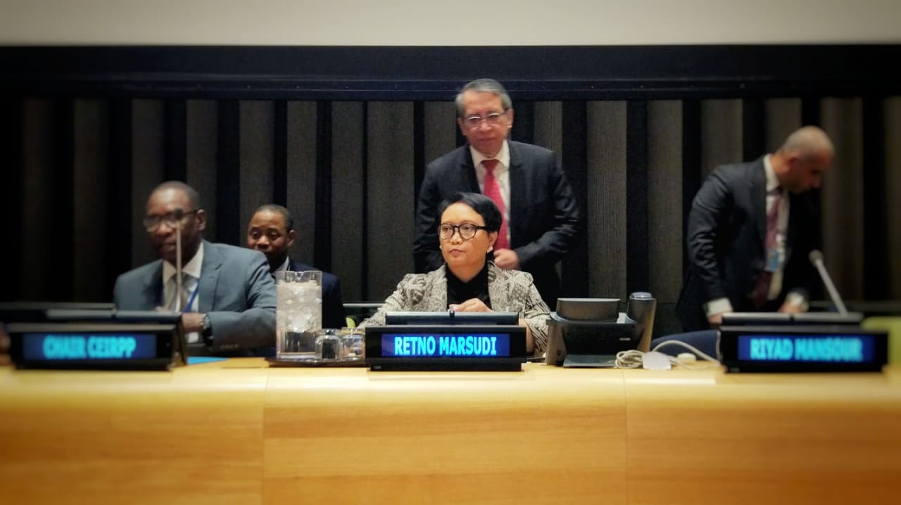 Menlu Retno saat menghadiri UN Forum on Palestine, di Markas Besar PBB, New York, Kamis (4/4) Waktu Setempat. (Foto: Kemlu).